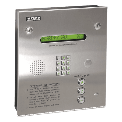 Portero electrónico / Directorio A-Z-Call / Pantalla LCD 1 línea / 3000 números y códigos / Control 2 puertas / Acero inoxidable 12' x 3.25'