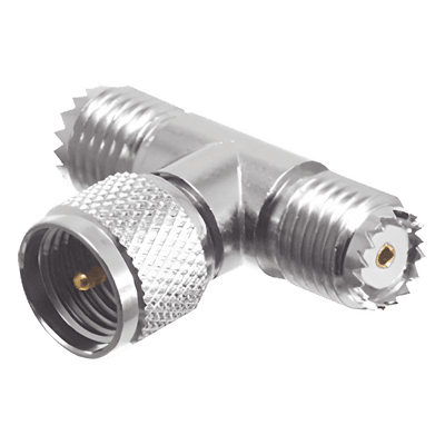 Adaptador en T de Conector Mini-UHF Macho a Doble Mini-UHF Hembra, Níquel/ Plata/ Teflón.