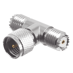 Adaptador en T de Conector Mini-UHF Macho a Doble Mini-UHF Hembra, Níquel/ Plata/ Teflón.