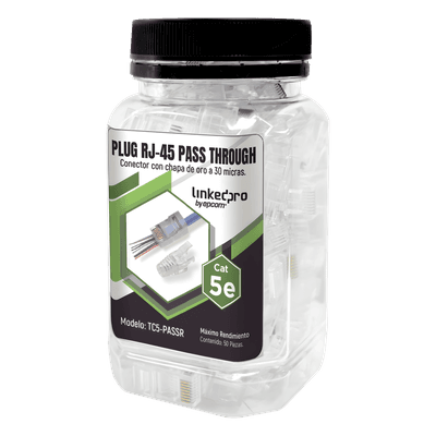 Bote con 50 Plugs Pass through RJ45 Cat5e sin blindaje, con alivio de tensión incluido, chapado de oro a 30 micras para durabilidad extrema