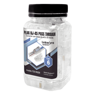 Plugs Pass Through / RJ45 Cat6 / Sin Blindaje / Alivio de Tensión / Chapado Oro 30 Micras / 50 Piezas
