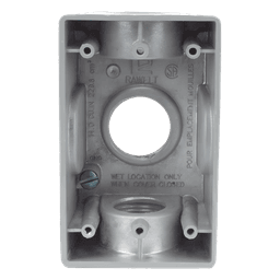 Caja Condulet FS de 1" (25.4 mm ) con tres bocas una arriba y una atrás a prueba de intemperie.