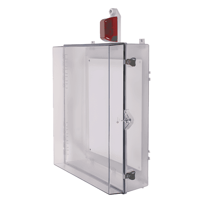 Gabinete de Policarbonato / Sirena-Estrobo Rojo / 32 Tonos / 85-100 dB / Cerradura con Llave / 502x629x186 mm / 1.65x2.06x0.61 ft / NEMA 4X / UL