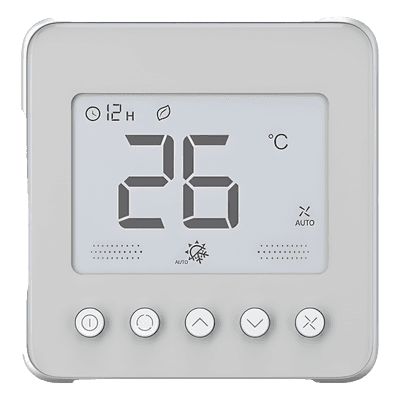 Termostato digital / Serie TF418 / Fan Coil 2-4 tuberías / 110 VCA / Ventilador 3 velocidades / Válvula On-Off / LCD