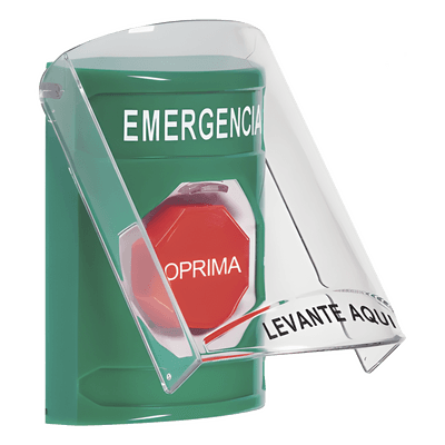 Botón de Emergencia de Superficie / Tapa de Policarbonato / Bocina Pre Alarma / 2 Relés C 10 A / Texto en Español / Solo Interior