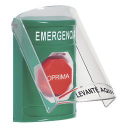 Botón de Emergencia de Superficie / Tapa de Policarbonato / Bocina Pre Alarma / 2 Relés C 10 A / Texto en Español / Solo Interior