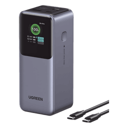 Power Bank de 20000mAh | 3 Salidas 130W Max. | USB-A + 2 USB-C | PD 3.0 | QC3.0 | FCP | SCP | Pantalla Inteligente | Carcasa Ignifuga | Color Gris | Incluye Cable USB de 50cm | Carga tu Laptop de Manera Segura.