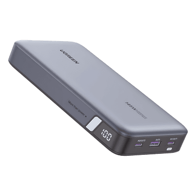 Power Bank de 25000mAh | 3 Salidas 145W Max. | USB-A + 2 USB-C | PD 3.0, QC3.0 | FCP | SCP | Pantalla Inteligente | Carcasa Ignifuga | Color Gris | Incluye Cable USB de 50cm | Carga tu Laptop de Manera Segura.