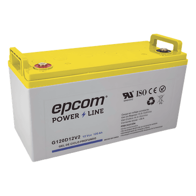Batería de GEL Ciclo Profundo / 12 V @ 120 Ah / Descarga Máxima 1200 A / Vida Útil 18 Años en Flotación / Certificada UL, CE, IEC, BS, JIS, Eurobat