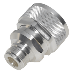 Adaptador en Línea de Conector DIN 7-16 Macho a N Hembra, Plata/ Plata/ Teflón.