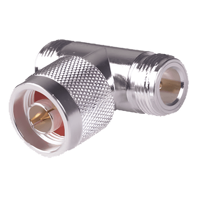 Adaptador en T, de Conector N Macho a Doble N Hembra, Plata/ Oro/ Teflón.