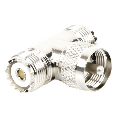 Adaptador en forma T, de Conector UHF Macho (PL-259) a Doble UHF Hembra (SO-239), Níquel/ Plata/ Delrin.