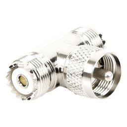Adaptador en forma T, de Conector UHF Macho (PL-259) a Doble UHF Hembra (SO-239), Níquel/ Plata/ Delrin.
