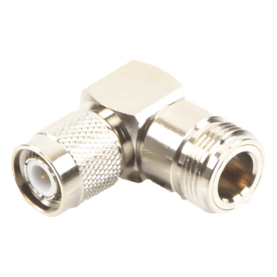 Adaptador Coaxial / Ángulo Recto / TNC Macho a N Hembra / Cuerpo Bronce Niquelado / Contacto Oro 24K / Aislante Teflón