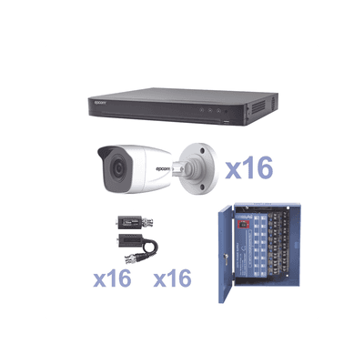 KIT TurboHD 1080p / DVR 16 Canales / 16 Cámaras Bala (exterior 2.8 mm) / Transceptores / Conectores / Fuente de Poder Profesional