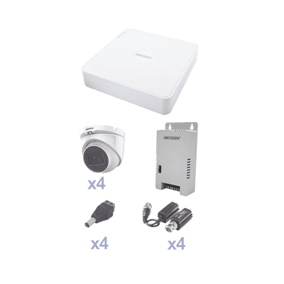 KIT TurboHD con Audio 1080p / DVR 4 Canales / 4 Cámaras Domo (exterior 2.8 mm) / Transceptores / Conectores / Fuente de Poder / AUDIO POR COAXITRON