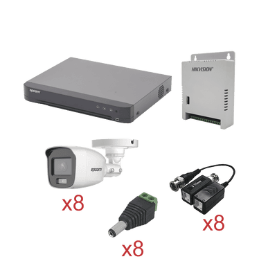 KIT TurboHD con Audio 1080p / DVR 8 Canales / 8 Cámaras Bala (exterior 2.8 mm) / Transceptores / Conectores / Fuente de Poder / AUDIO POR COAXITRON