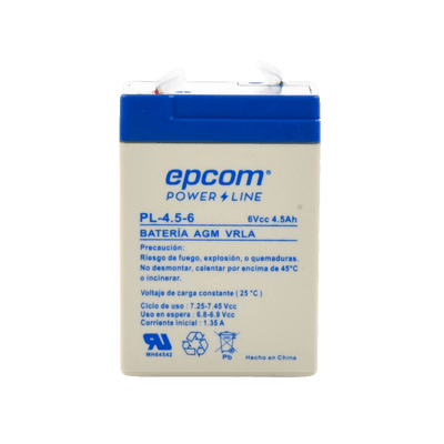 Batería 6 Vcc / 4.5 Ah / UL / Tecnología AGM-VRLA / Para uso en equipo electrónico Alarmas de intrusión / Incendio/ Control de acceso / Video Vigilancia / Terminales F1.