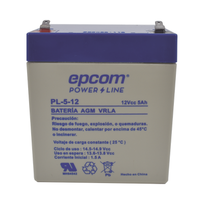 Batería 12 Vcc / 5 Ah / UL / Tecnología AGM-VRLA / Para uso en equipo electrónico Alarmas de intrusión / Incendio/ Control de acceso / Video Vigilancia / Terminales F1 / Cargador recomendado CHR-80.