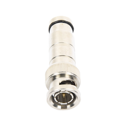 Conector BNC Macho en 75 Ohm, de Compresión Axial para Cable Coaxial RG-59/U, Níquel/ Oro/ Politetrafluoroetileno.