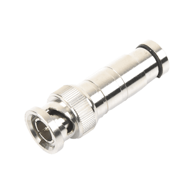 Conector BNC Macho en 75 Ohm, de Compresión Axial para Cable Coaxial RG-59/U, Níquel/ Oro/ Politetrafluoroetileno.