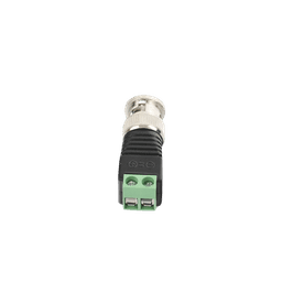 Adaptador de conector BNC macho a 2 terminales-tornillo para cables AWG-26-14, en aplicaciones Video Vigilancia, Níquel/ Oro/  PTFE y PVC.