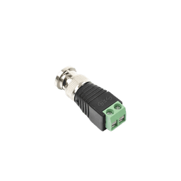 Adaptador de conector BNC macho a 2 terminales-tornillo para cables AWG-26-14, en aplicaciones Video Vigilancia, Níquel/ Oro/  PTFE y PVC.