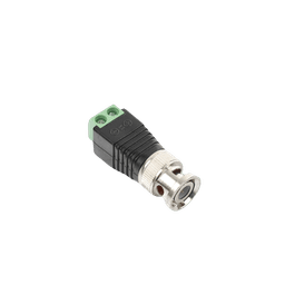 Adaptador de conector BNC macho a 2 terminales-tornillo para cables AWG-26-14, en aplicaciones Video Vigilancia, Níquel/ Oro/  PTFE y PVC.