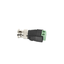 Adaptador de conector BNC macho a 2 terminales-tornillo para cables AWG-26-14, en aplicaciones Video Vigilancia, Níquel/ Oro/  PTFE y PVC.