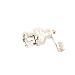 Conector BNC macho en 75 Ohm, para cable coaxial RG-59 / Con base de alivio negra de PVC, Níquel/ Oro/ PTFE.