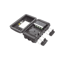 Caja de Distribución de Fibra Óptica para 24 Empalmes, con 8 acopladores SC/APC simplex, Exterior IP65, Color Negro