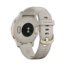 Reloj Garmin Venu 2S color beige en bisel de acero inoxidable, con funciones premium como almacenamiento y reproducción de hasta 2000 canciones.