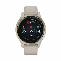 Reloj Garmin Venu 2S color beige en bisel de acero inoxidable, con funciones premium como almacenamiento y reproducción de hasta 2000 canciones.