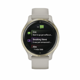 Reloj Garmin Venu 2S color beige en bisel de acero inoxidable, con funciones premium como almacenamiento y reproducción de hasta 2000 canciones.