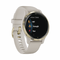 Reloj Garmin Venu 2S color beige en bisel de acero inoxidable, con funciones premium como almacenamiento y reproducción de hasta 2000 canciones.