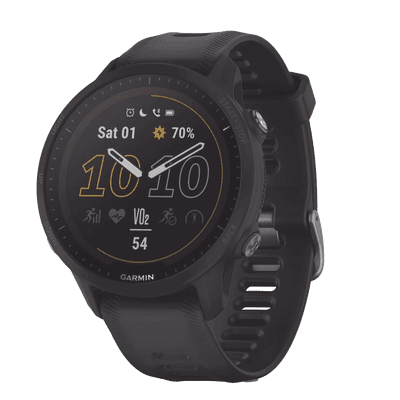 Reloj Garmin Forerunner 955 solar color negro en correa de silicón, con funciones premium de entrenamiento.