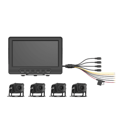 Sistema de Monitoreo Local / 4 Cámaras 1080p para Exterior (IP68) y Pantalla LCD de 7" a Color / Memoria Micro SD de 64 GB (Expandible a 512 GB) / Soporta Cambio de Cámara al Dar Reversa al Vehiculo / Accesorios de Instalación