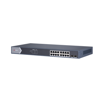 Switch Gigabit PoE+ / Administrable / 16 Puertos 1000 Mbps PoE+ / 2 Puertos SFP / Configuración Remota desde Hik-ParnerPro / PoE hasta 300 Metros / 225 Watts