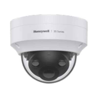 Domo IP 5 Megapíxeles / Lente 2.8 mm / 40 mts IR / Ultra Baja Iluminación /  NDAA / ONVIF / IP67 / IK10 / IA (Filtro de Humanos y Vehiculos) / Conteo de Personas / Merodeo / H.265 / PoE / Alarmas I/O / Serie 35 / Honeywell Security