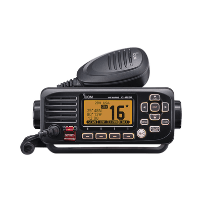 Radio móvil marino ICOM, Tx: 156.025-157.425MHz, Rx: 156.050-163.275MHz, 25W de potencia, sumergible IPX7 incluye: micrófono, cable de alimentación y accesorios