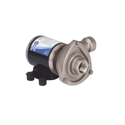 Bomba centrifuga Cyclone de baja presión a 12 Vcd, caudal de hasta 29 GPM, presión máxima de 8.7 psi, en acero inoxidable.