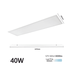 Panel LED Rectangular Empotrado o Suspendido /11195 x 95 mm / 127 Vca~60Hz / TC 6 500 °K / Ángulo de Luz de 140°