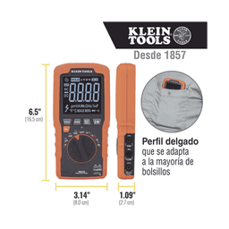 Multímetro Digital Esbelto de Rango Automático con TRMS 600V y Medición de Temperatura