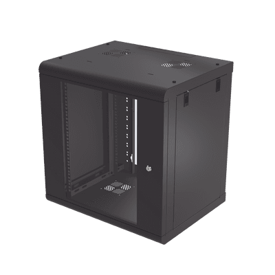 Gabinete de Pared de 12U con Puerta de Cristal Templado, 479.5 mm de Profundidad, Rack de 19'', Acero Reforzado Color Negro.