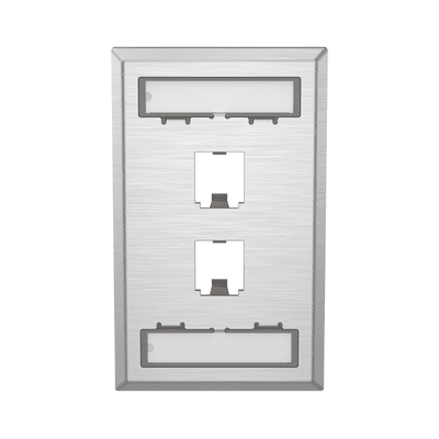 Placa de Pared Vertical, de Acero Inoxidable, Salida Para 2 Puertos Mini-Com, Con Espacios Para Etiquetas