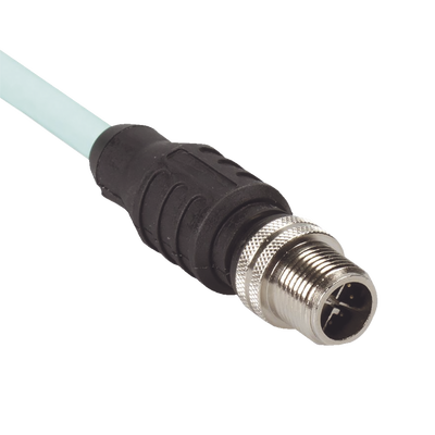 Cable de Conexión IndustrialNet Cat6A, Con Conector Recto M12 X-Code Macho en Ambos Extremos, Blindado SF/UTP, Forro TPO, Color Azul Cerceta, 1 Metro