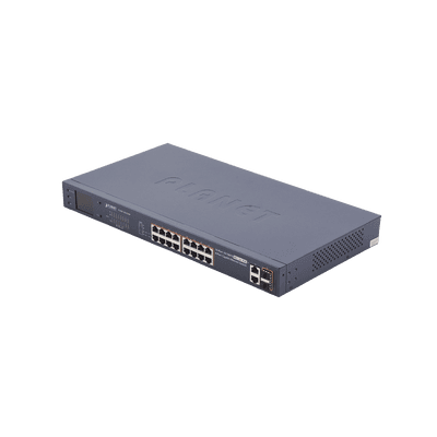 Switch no administrable PoE+ Extended, Aislamiento VLAN de 16 puertos + 2 combo TP/SFP Gigabit y Pantalla 