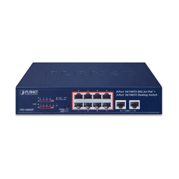 Switch No Administrable de Escritorio y Rack, 8 Puertos Fast Ethernet con  PoE 802.3af/at, 2 Puertos Uplink, Hasta 250 m en Modo Extendido