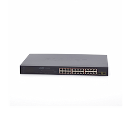 Switch PoE de 24 Puertos Gigabit 802.3af/at con Modo Extendido 250 m, 2 Puertos SFP 1000SX , Pantalla LCD para Configuración Básica, Hasta 300 W para PoE