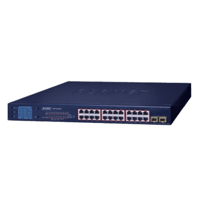 Switch PoE de 24 Puertos Gigabit 802.3af/at con Modo Extendido 250 m, 2 Puertos SFP 1000SX , Pantalla LCD para Configuración Básica, Hasta 300 W para PoE